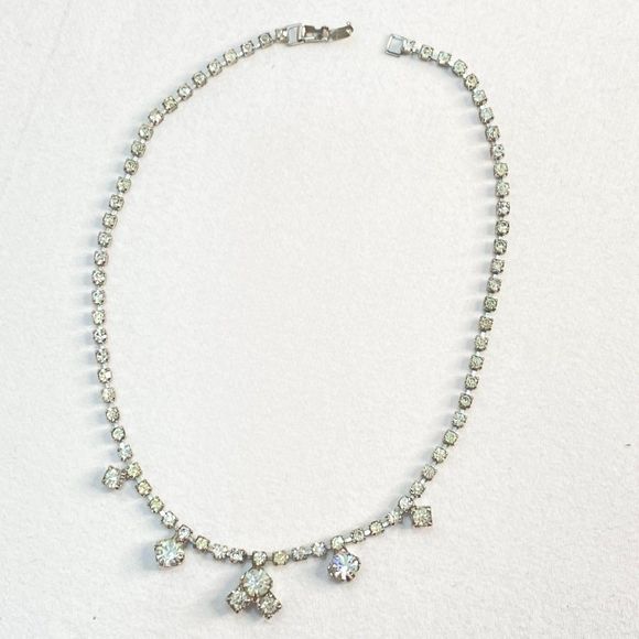 Choker Necklace Clear Rhinestone Strand Formal Evening Wear Box Clasp - Picture 2 of 9